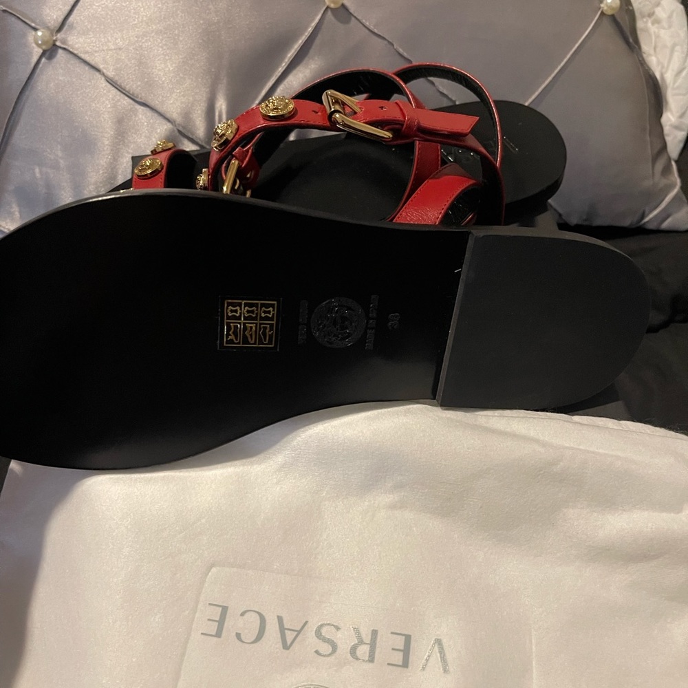 Versace Women's Gold Medusa Red Ankle Strap Sandals. 100% Leather/Authentic.